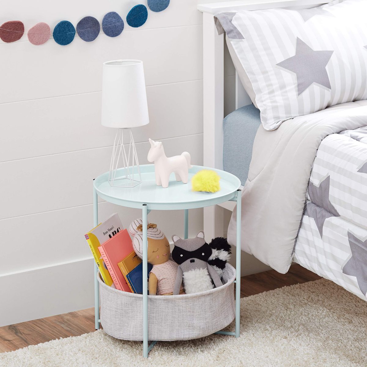 AmazonBasics Round Storage End Table - Mint Green with Heather Grey Fabric