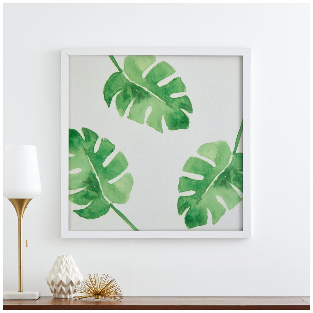 Amazon Brand – Rivet Watercolor Green Leaf Print Wall Art in a White Wood Frame, 30" x 30"