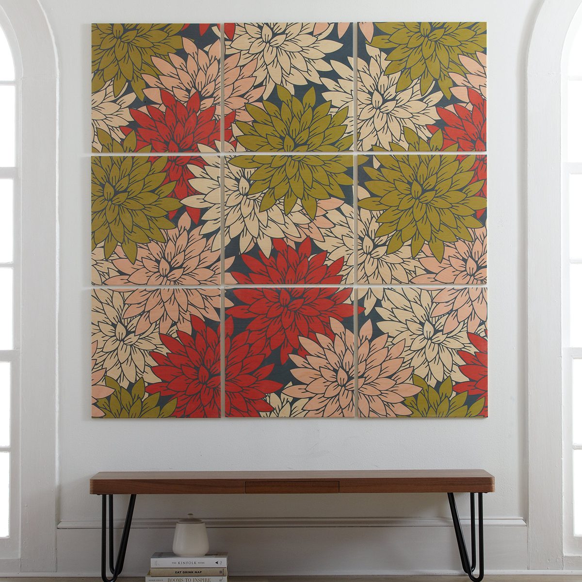 9-Piece Floral Red and Green Art Print Mural on Wood