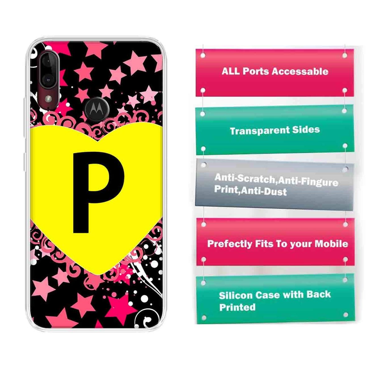 Amazon Brand - Solimo Designer Multicolor Heart Pattern Alphabet-P Printed Soft Back Case Mobile Cover for Motorola Moto E6s / Motorola Moto E6 Plus