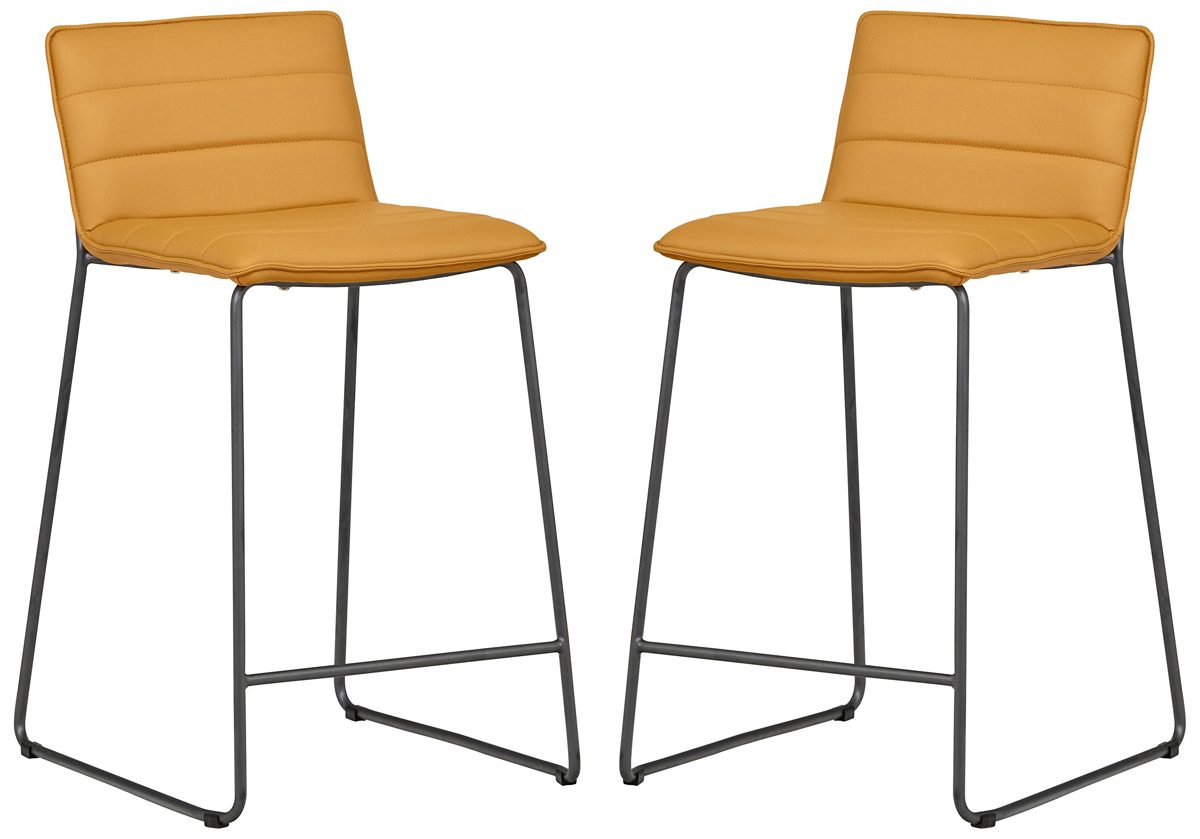 Amazon Brand – Rivet Julian Minimalist Modern Tufted Dining Room Counter Height Bar Stools, Set of 2, 34.3 Inch Height, Synthetic Leather, Autumn Yellow