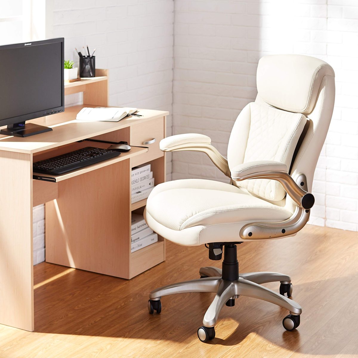 AmazonCommercial Ergonomic High-Back Rhombus-Stitched Leather Executive Chair, with Flip-up Armrests and Motive Lumbar Support, Cream/Ivory
