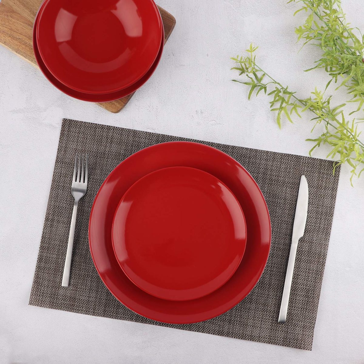(Renewed) AmazonBasics 18-Piece Stoneware Dinnerware Set - Fire Engine Red, Service for 6