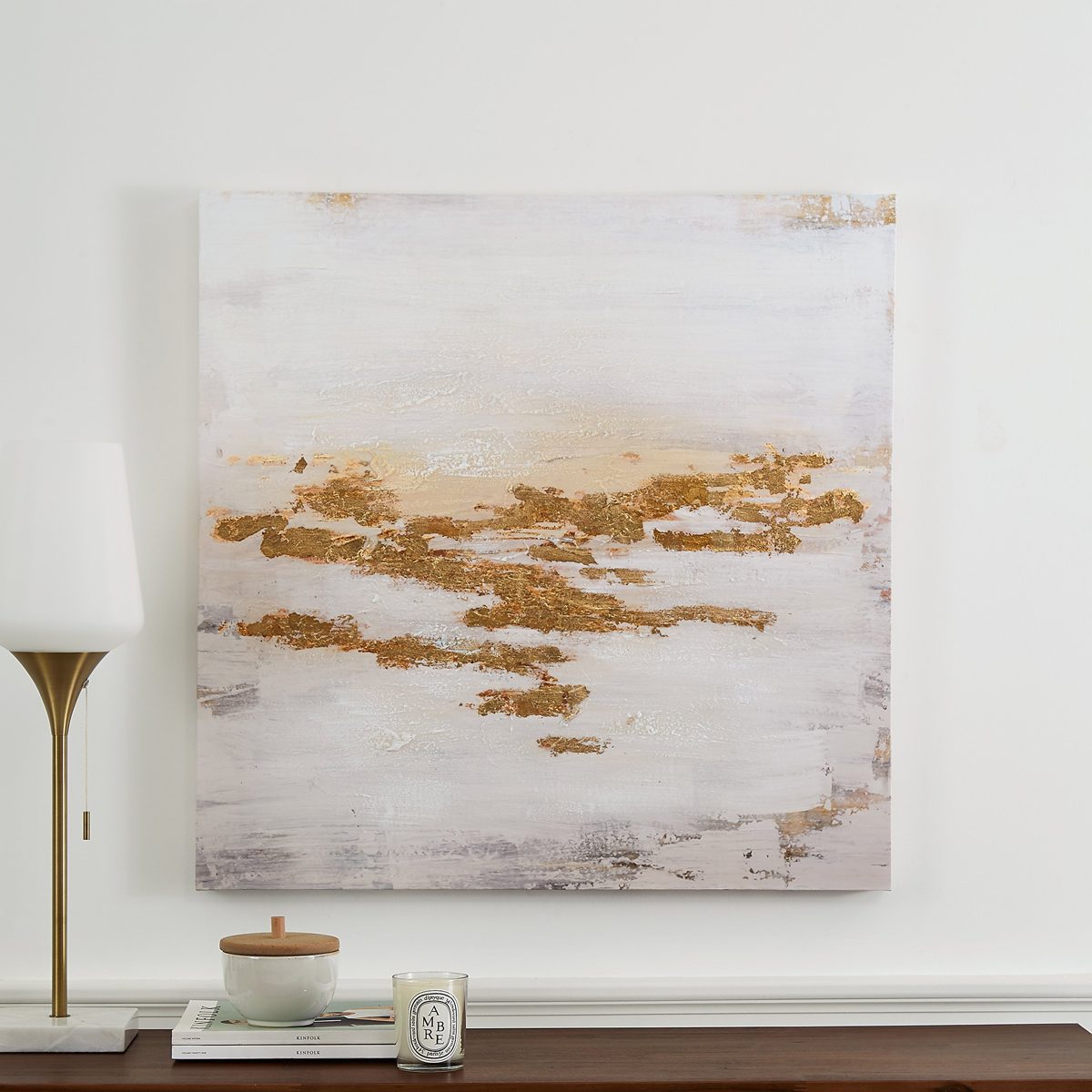 Amazon Brand – Rivet Abstract Gold, White, and Peach Flecks Painting on Canvas Wall Art Decor, 30" x 30"