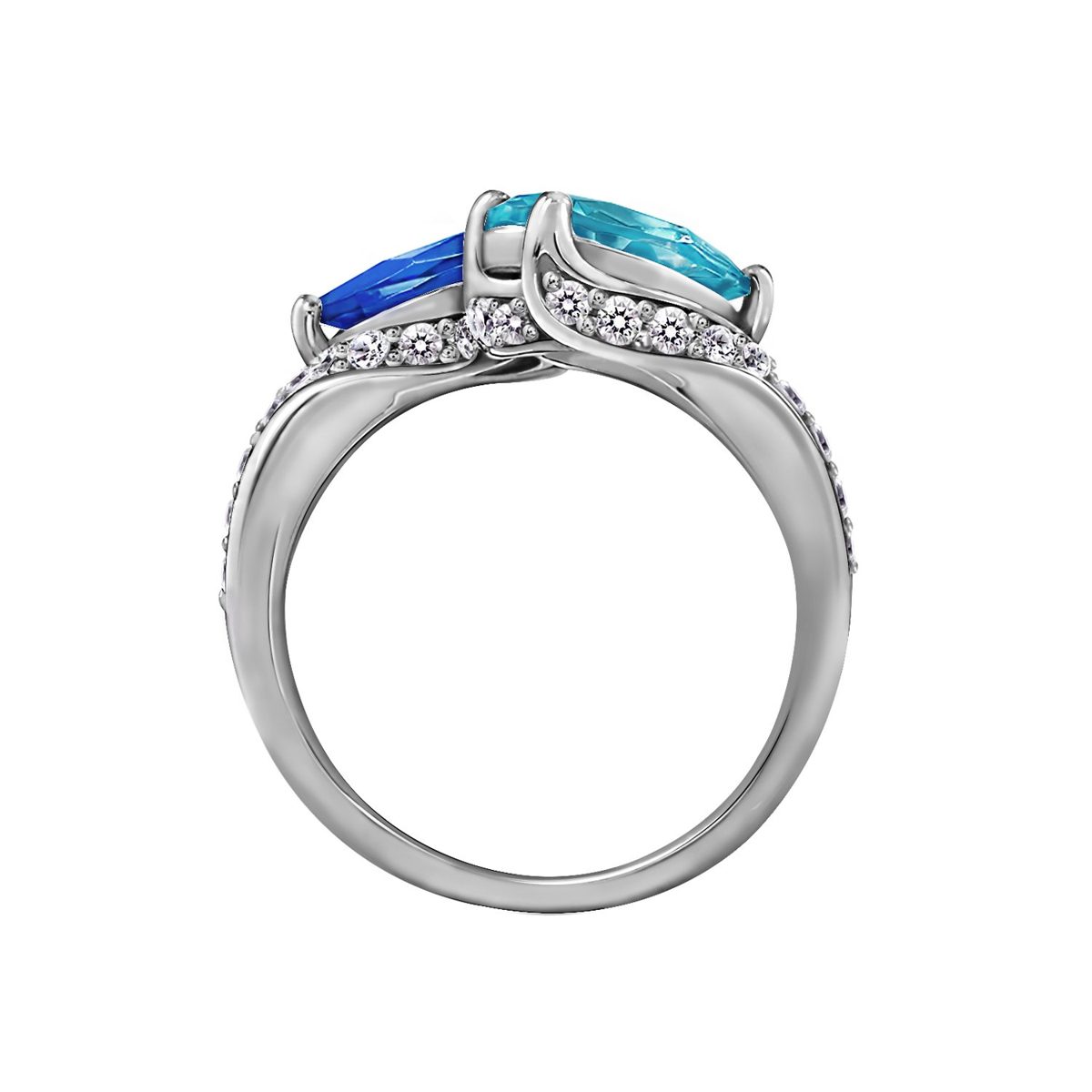 Platinum Plated Sterling Silver Swarovski Paraiba Cashmere Blue, Blue and White Topaz Ring