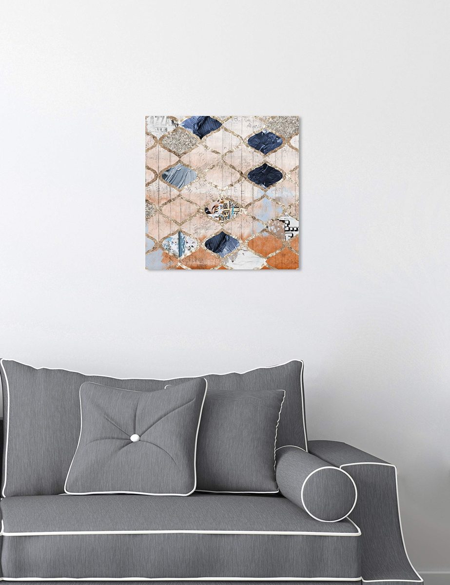 Amazon Brand – Stone & Beam Contemporary Blue and Tan Moroccan Print Wall Art on Canvas, 12" x 12"