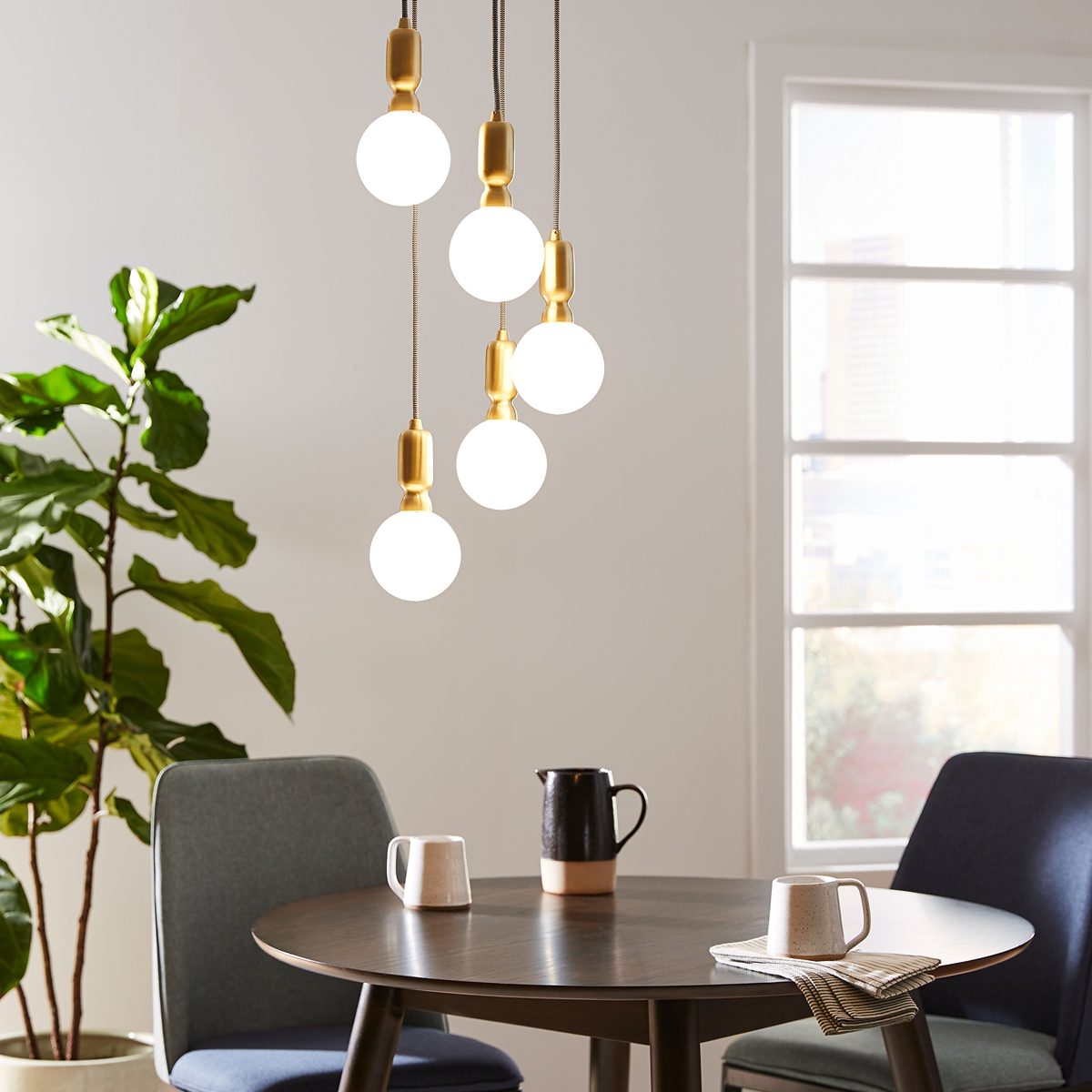 Rivet Diana Mid-Century Modern 5-Globe Ceiling Pendant Chandelier with LED Light Bulbs, 65" Cord, Gold