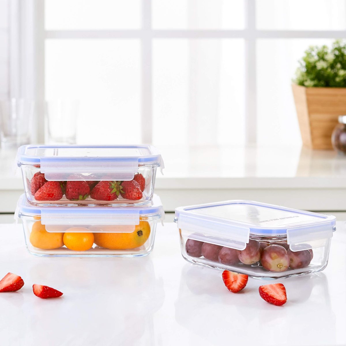 Amazon Brand - Solimo Rectangular Glass Storage Container Set, 900ml, Set of 3, Transparent