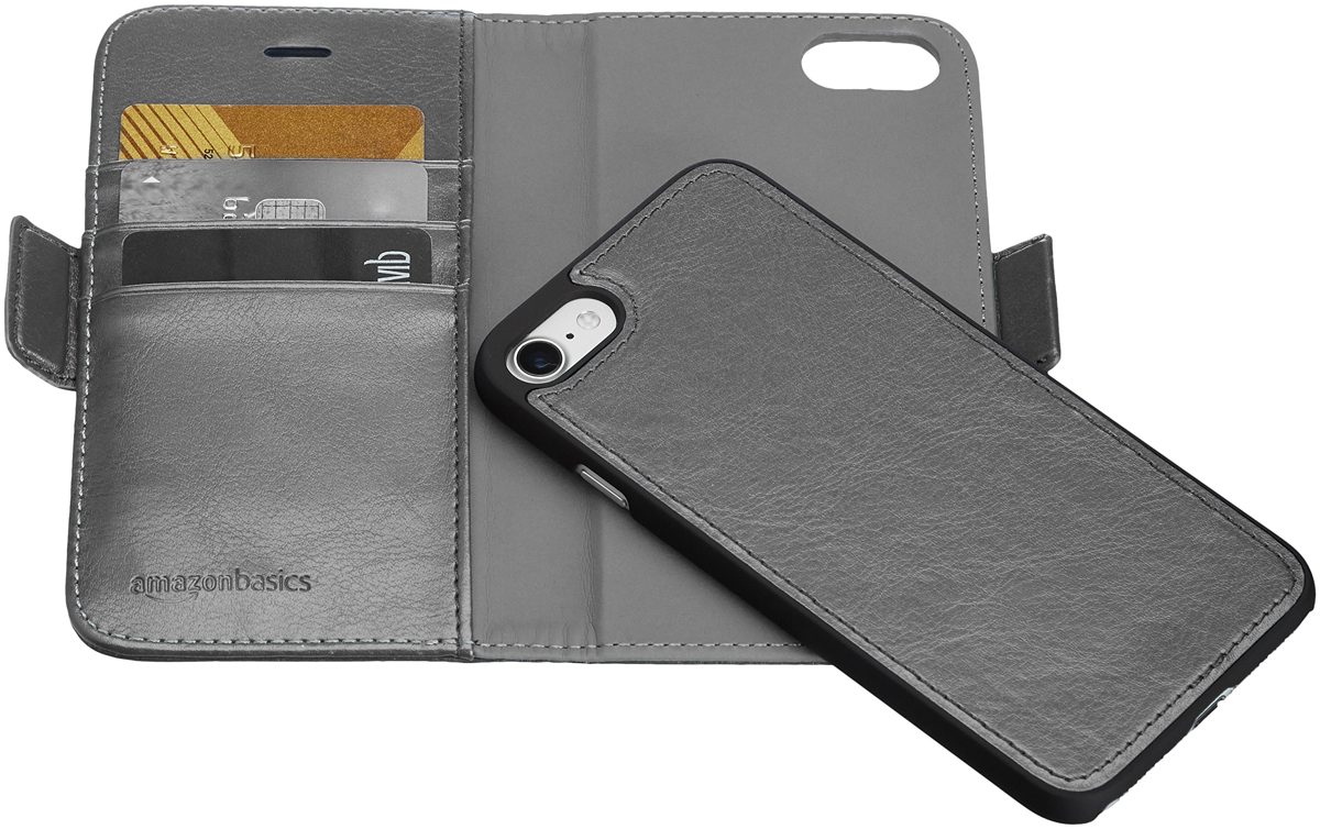 AmazonBasics iPhone Case, Freely-Removable Synthetic Leather One-Piece Wallet-Style Case, dk grey