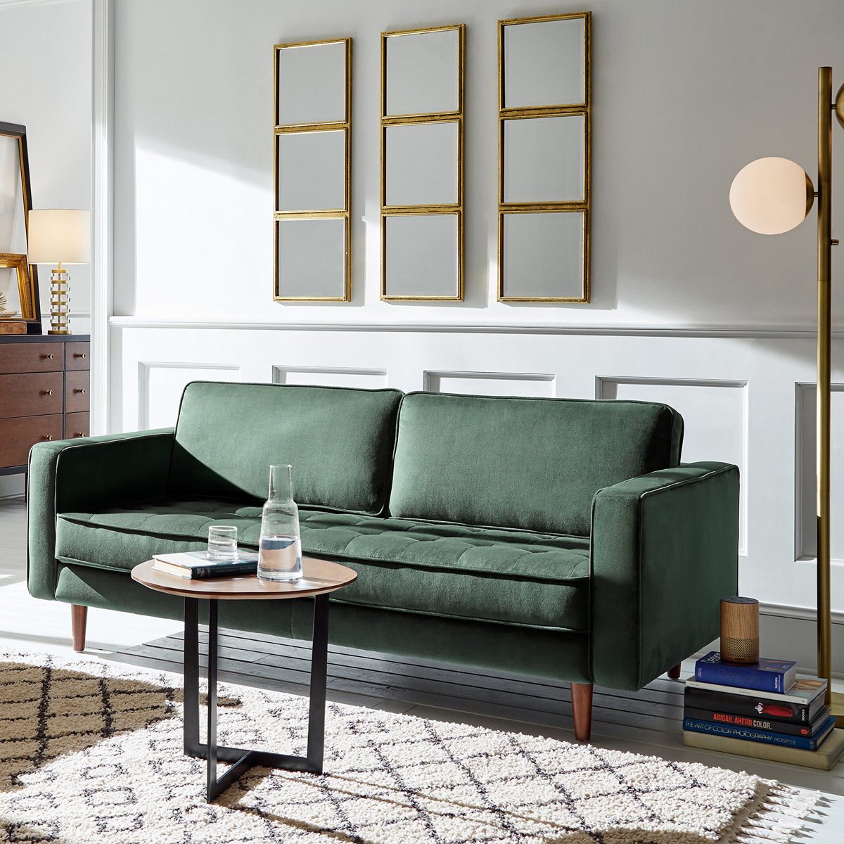 Amazon Brand – Rivet Aiden Tufted Mid-Century Velvet Bench Seat Sofa, Without Side Pillows, 74"W, Hunter Green