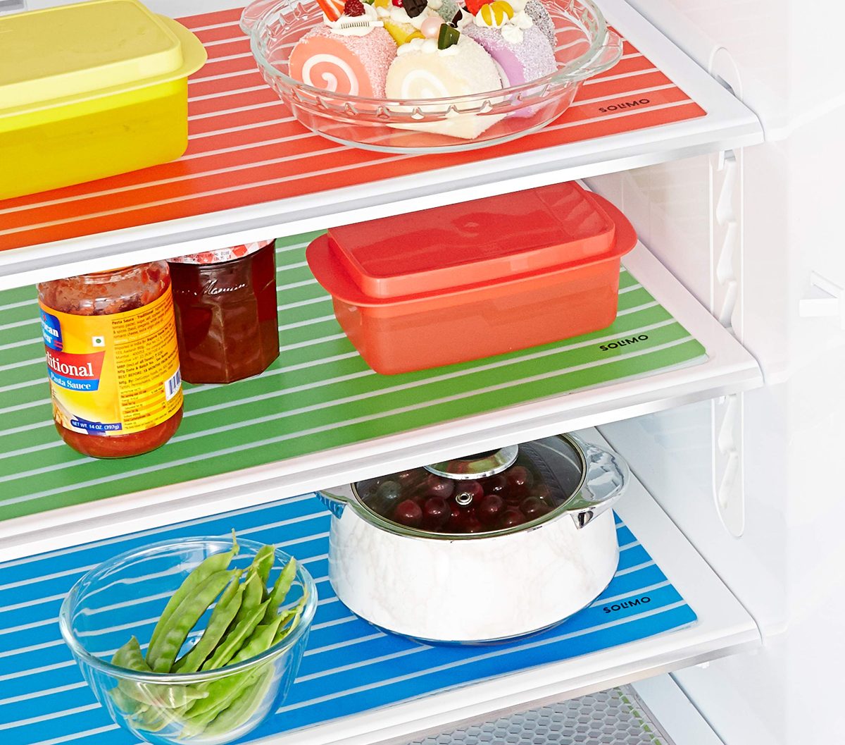 Amazon Brand - Solimo PVC Fridge Multipurpose Mat, Lines, Set of 6, Blue, Red and Green
