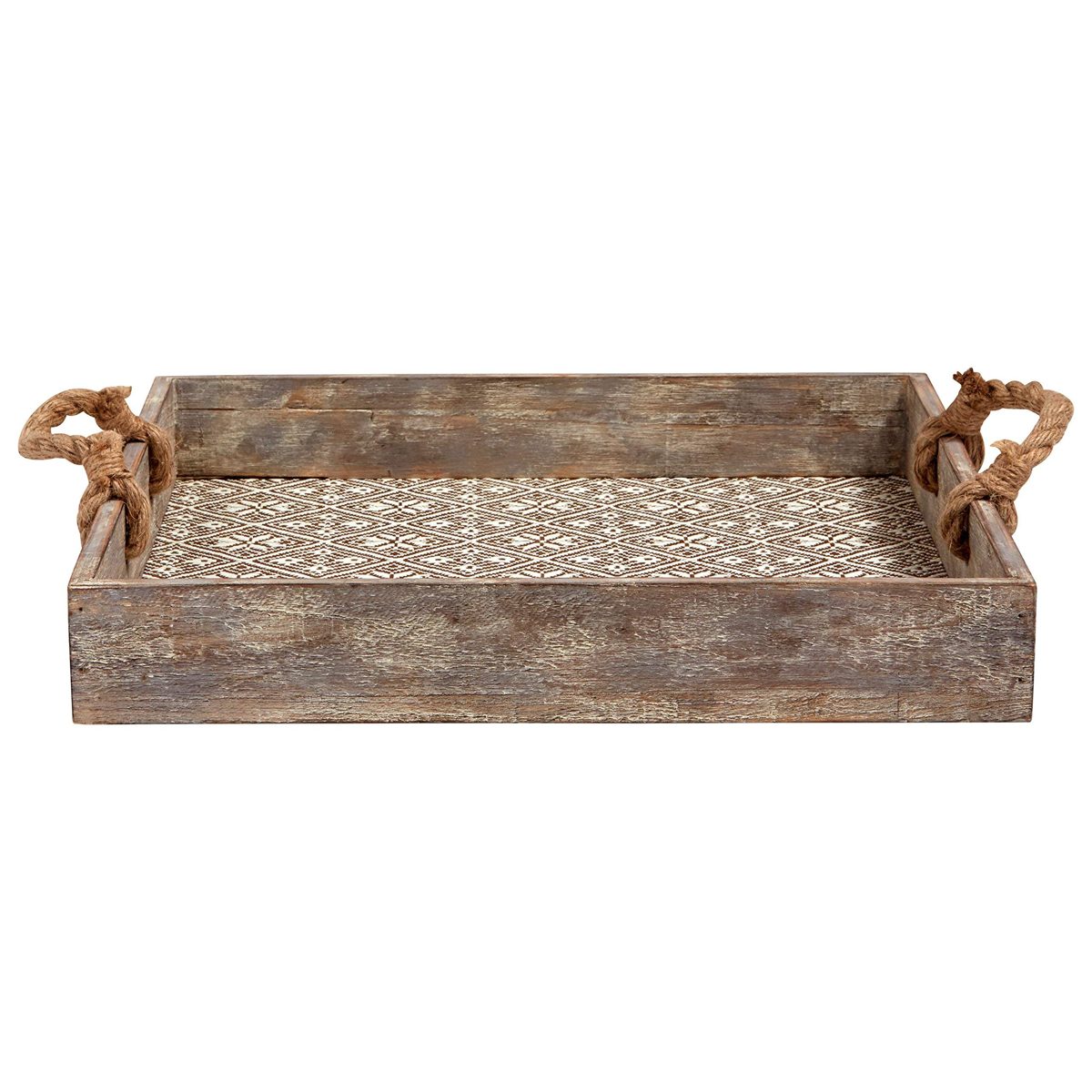 Stone & Beam Rustic Farmhouse Wood Serving Tray with Patterned Rattan and Rope Handles - 15.75 x 15.75 Inches, Brown and White (Renewed)