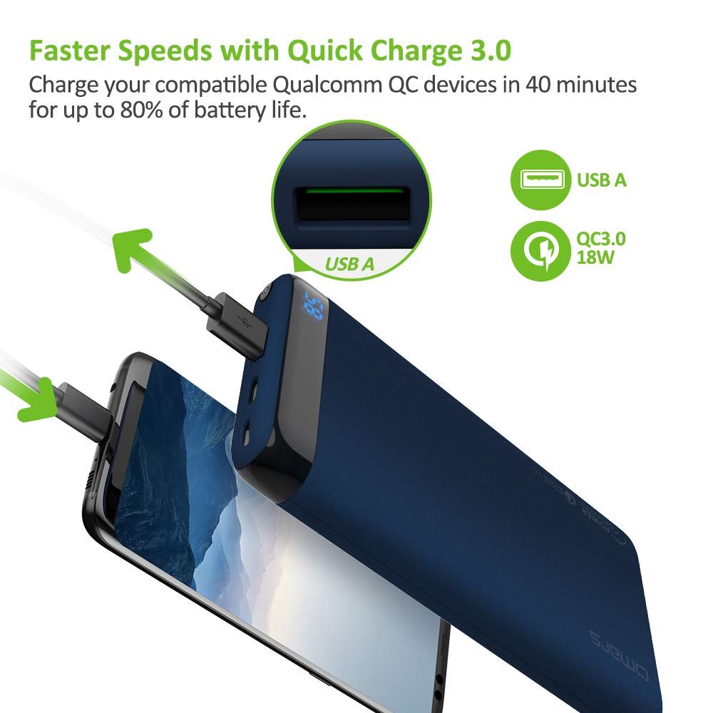 Omars PD Power Bank, Portable Charger 10000mAh with USB C Power Delivery QC Quick Charge 3.0 USB Type-C 18W Output Compatible with iPhone Xs/XR/XS Max/X / 8/8 Plus, iPad, Galaxy S9 / Note 9 (Blue)