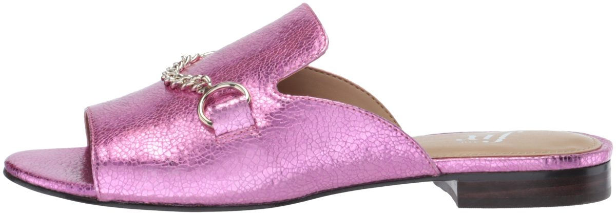 The Fix Amazon Brand Women's Nikole Open Toe Slide with Chain Detail Flat Sandal, Bubble Gum Pink/Metallic Crackle Leather, 6.5 B US
