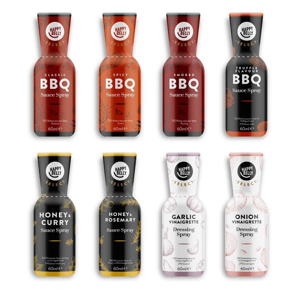 Amazon Brand- Happy Belly Select- Sauces & Vinaigrettes (Set of 8) ( Classic, Smoked, Spicy, Tartufata, Honey & Rosemary, Honey & Curry, Garlic, Onion)