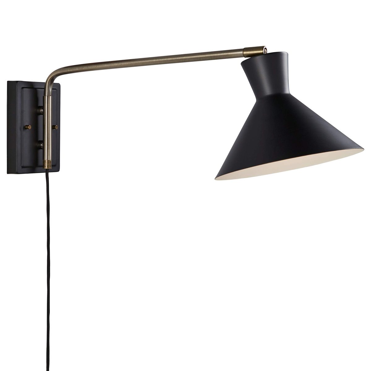Amazon Brand – Rivet Mid-Century Swiveling Long Arms, Pivoting Head, Plug-In, Hardwire or 2-in-1 Option Wall Sconce with Bulb, 10.4"H, Matte Black with Antique Brass