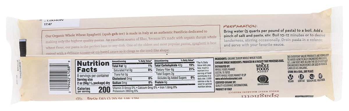 365 EVERYDAY VALUE Organic Whole Wheat Spaghetti, 16 OZ
