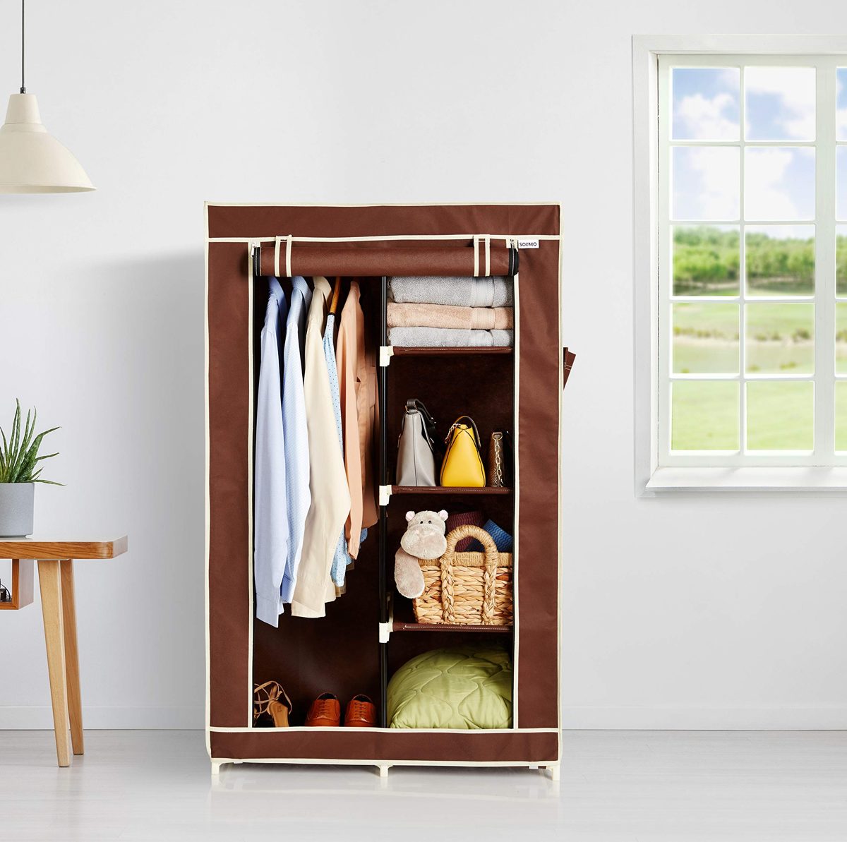 Amazon Brand - Solimo 2-Door Foldable Wardrobe, 5 Racks, Brown