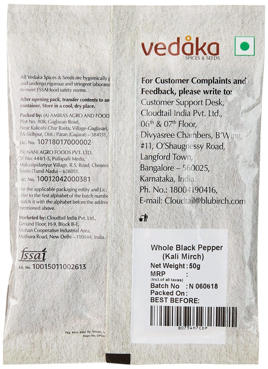 Amazon Brand - Vedaka Black Peppercorn (Kali Mirch), 50g
