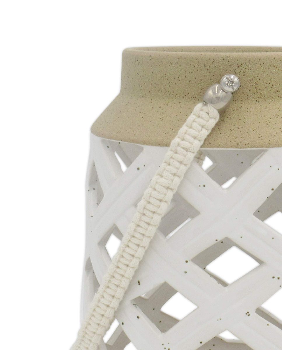 Amazon Brand – Stone & Beam Modern Decorative Stoneware Container with Strap, 8.66"H, Beige and White