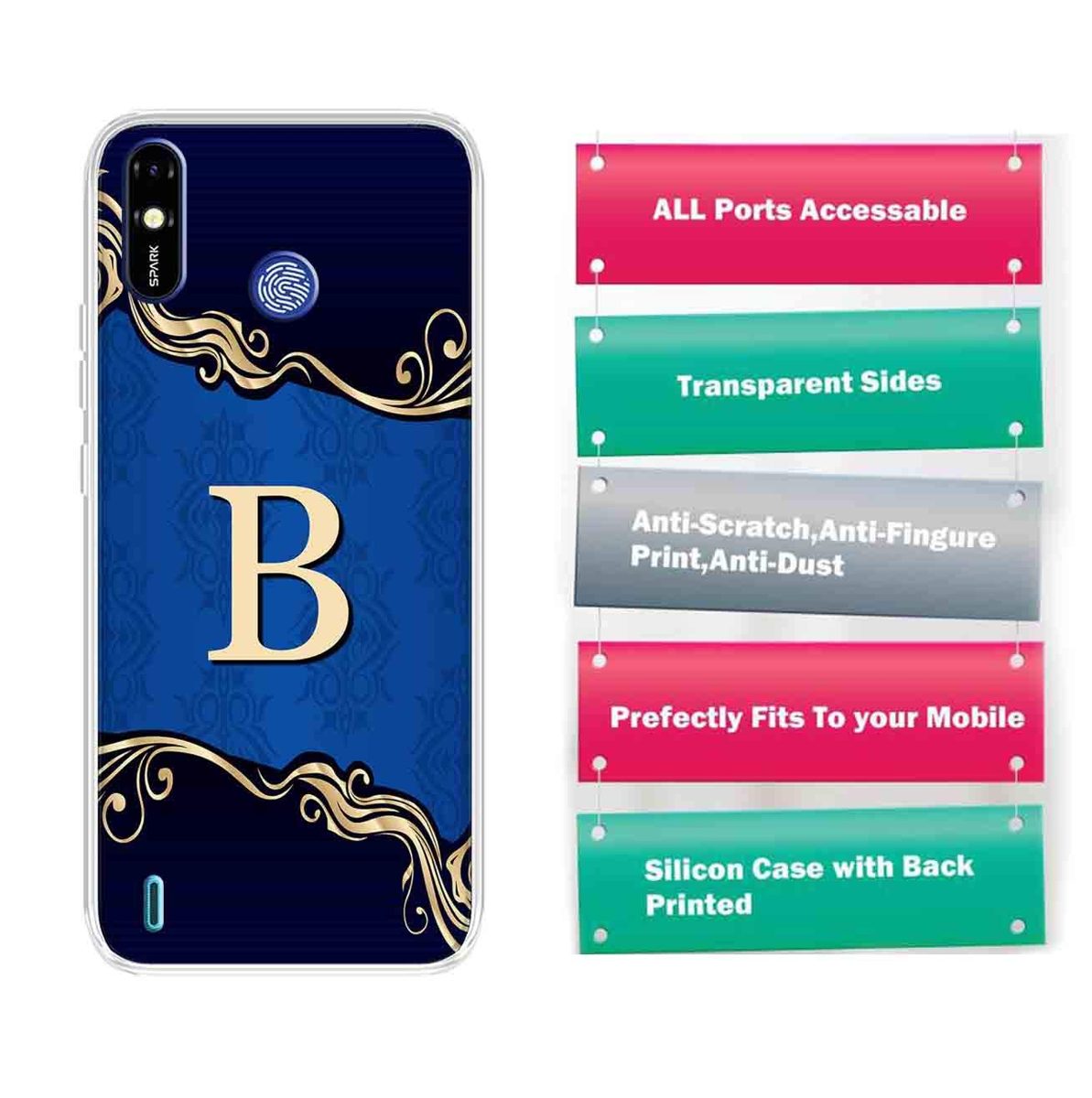 Amazon Brand - Solimo Designer Multicolor Blue Pattern Alphabet-B Printed Soft Back Case Mobile Cover for Tecno Spark Go Plus