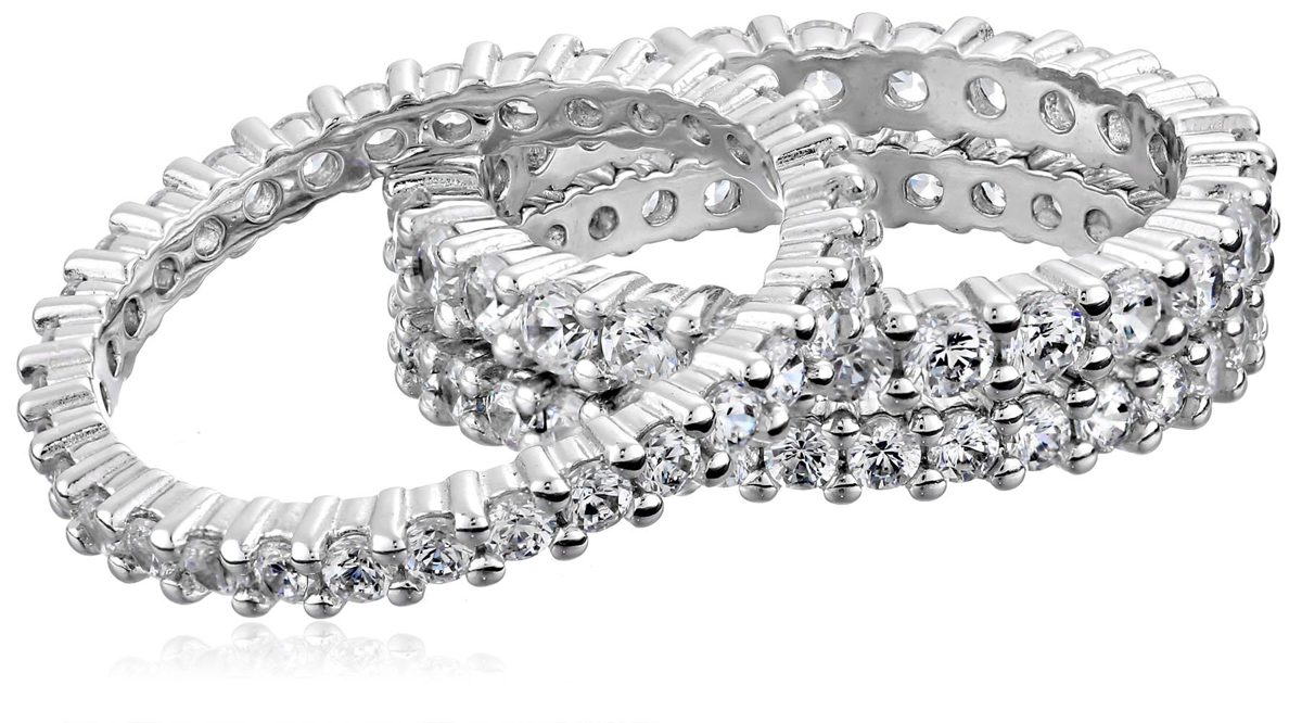 Sterling Silver Cubic Zirconia All-Around Band Stacking Ring Set (Set of 3), Size 6