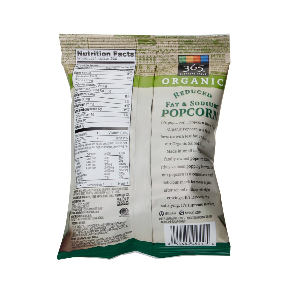 365 EVERYDAY VALUE Organic reduced Fat Low Salt Popcorn, 0.35 OZ