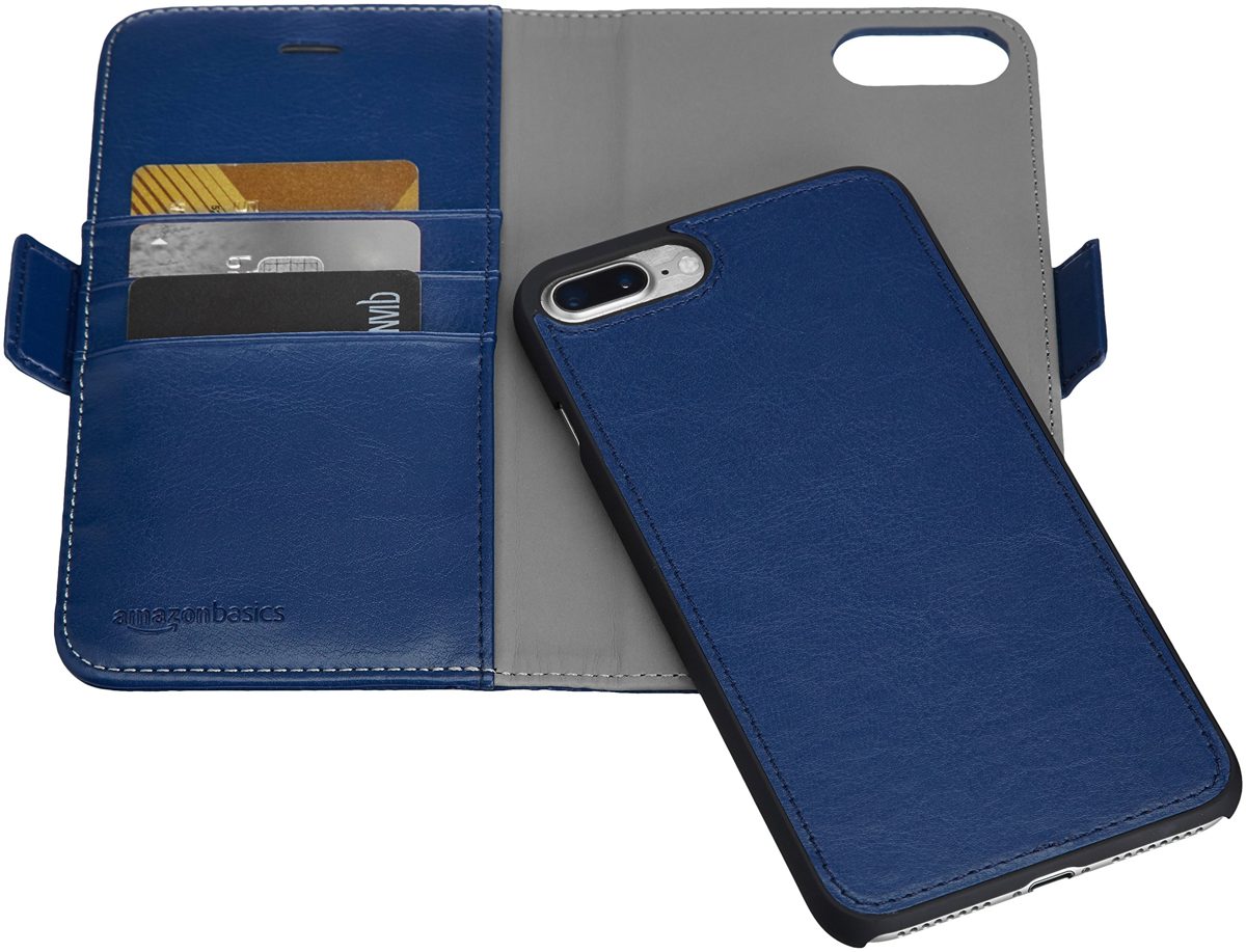 AmazonBasics iPhone 8 Plus / 7 Plus PU Leather Wallet Detachable Case, Navy