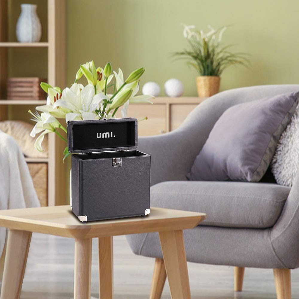 Umi Vinyl Record Storage Box and Holder, Portable Retro Record Album Storage Case For 25+ Albums, Vinyl Records Collections Storage Organizer Display Box - 7 Inch (Black)