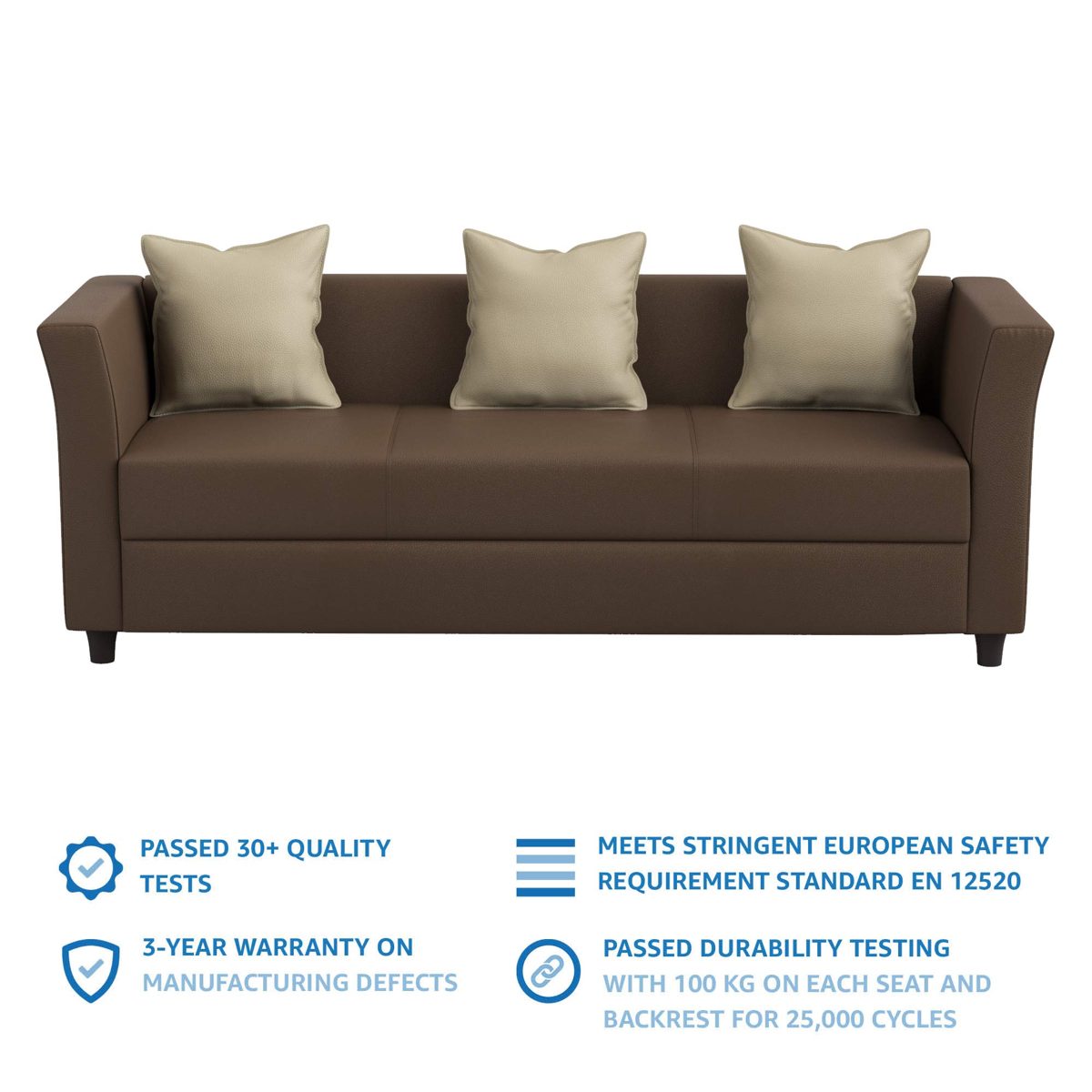 Amazon Brand - Solimo Tarano Leatherette 3 Seater sofa (Brown)