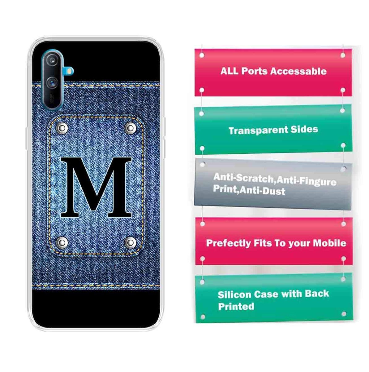 Amazon Brand - Solimo Designer Multicolor Button Jeans Alphabet-M Printed Soft Back Case Mobile Cover for Realme C3