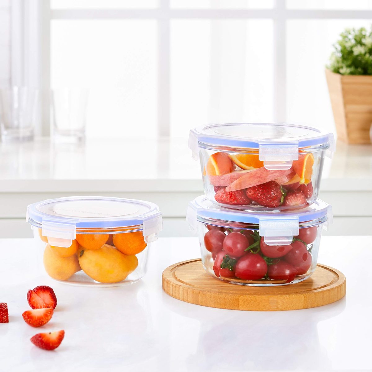 Amazon Brand - Solimo Round Glass Storage Container Set, 720ml, Set of 3, Transparent