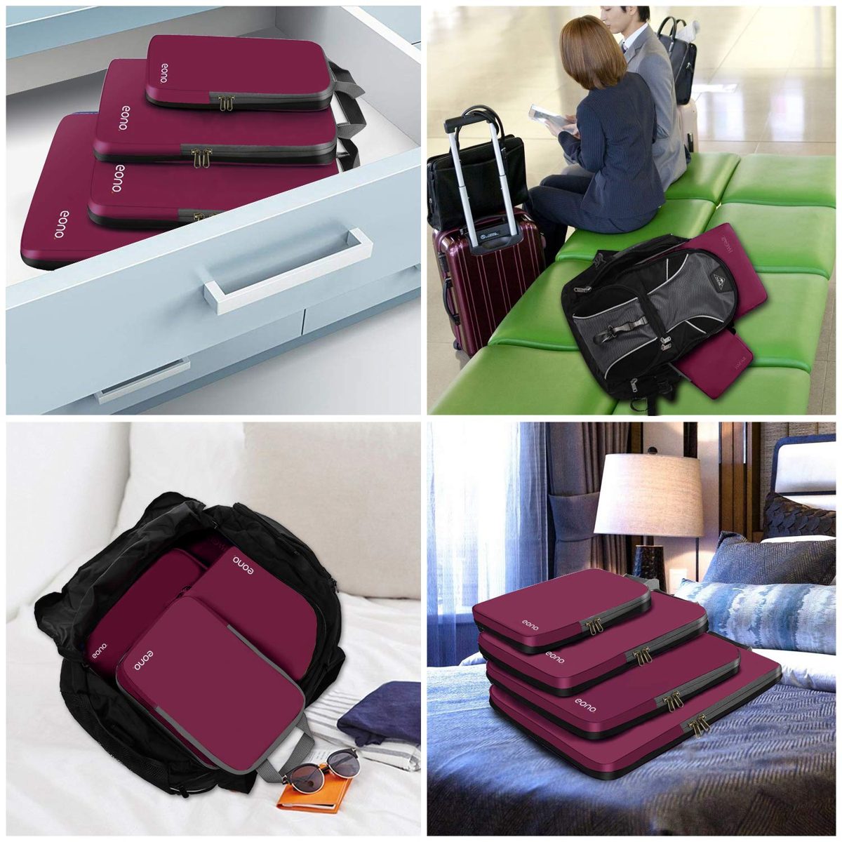 Eono by Amazon - Compression Packing Cubes, Travel Luggage Organiser Set, Travel Cubes, Extensible Organizer Bags for Travel Suitcase Organization, Burgundy, 4 Set