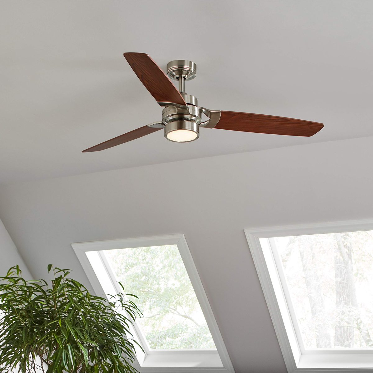 Amazon Brand – Rivet Modern Remote Control AC Motor Ceiling Flush Mount Fan with 18W LED Light - 52 x 52 x 7.6 Inches, Brushed Nickel with Maple Finish Blades
