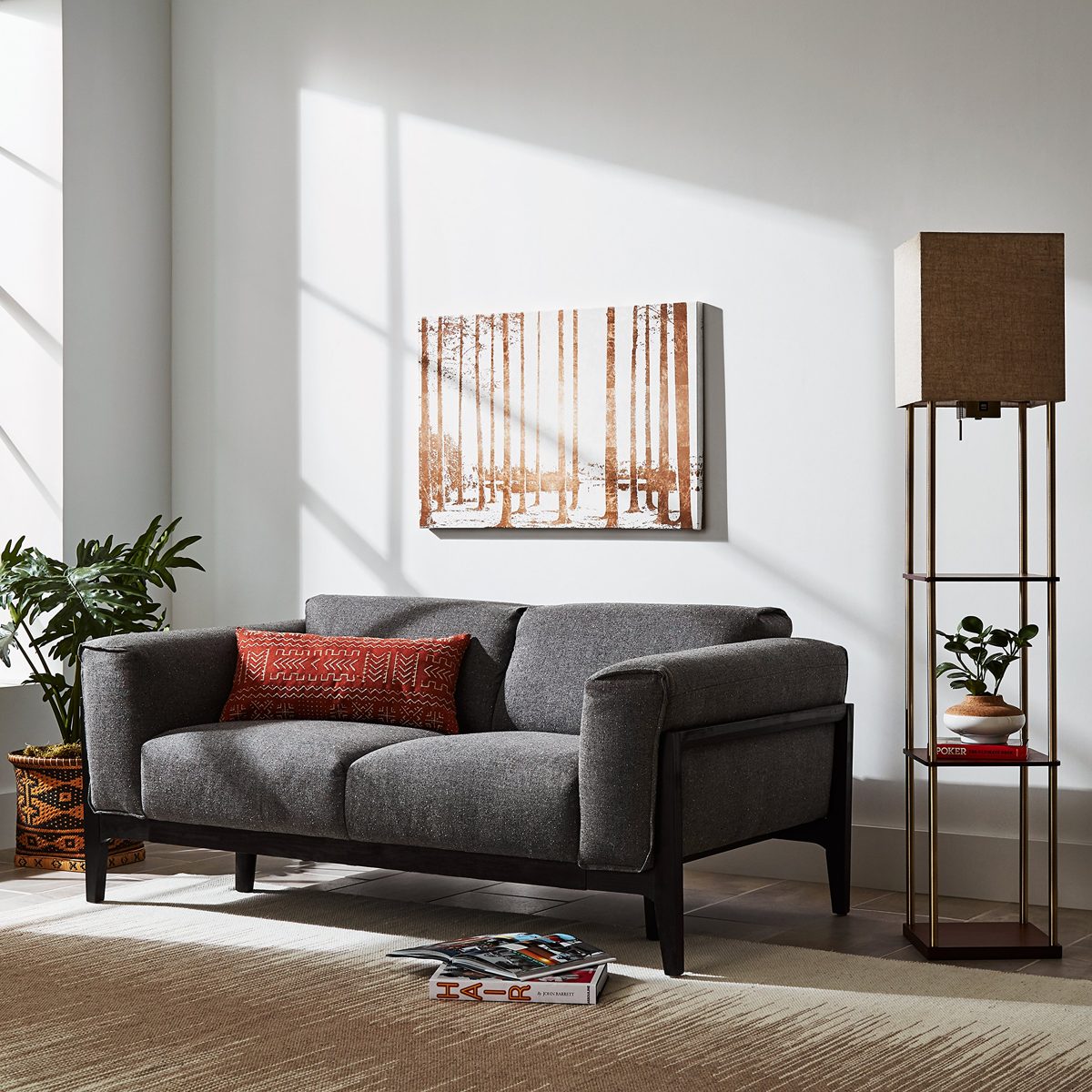 Rivet Olive 4 Wood Shelf Standing Floor Lamp With Light Bulb and USB Charging Station - 11.8 x 11.8 x 62 Inches, Brass