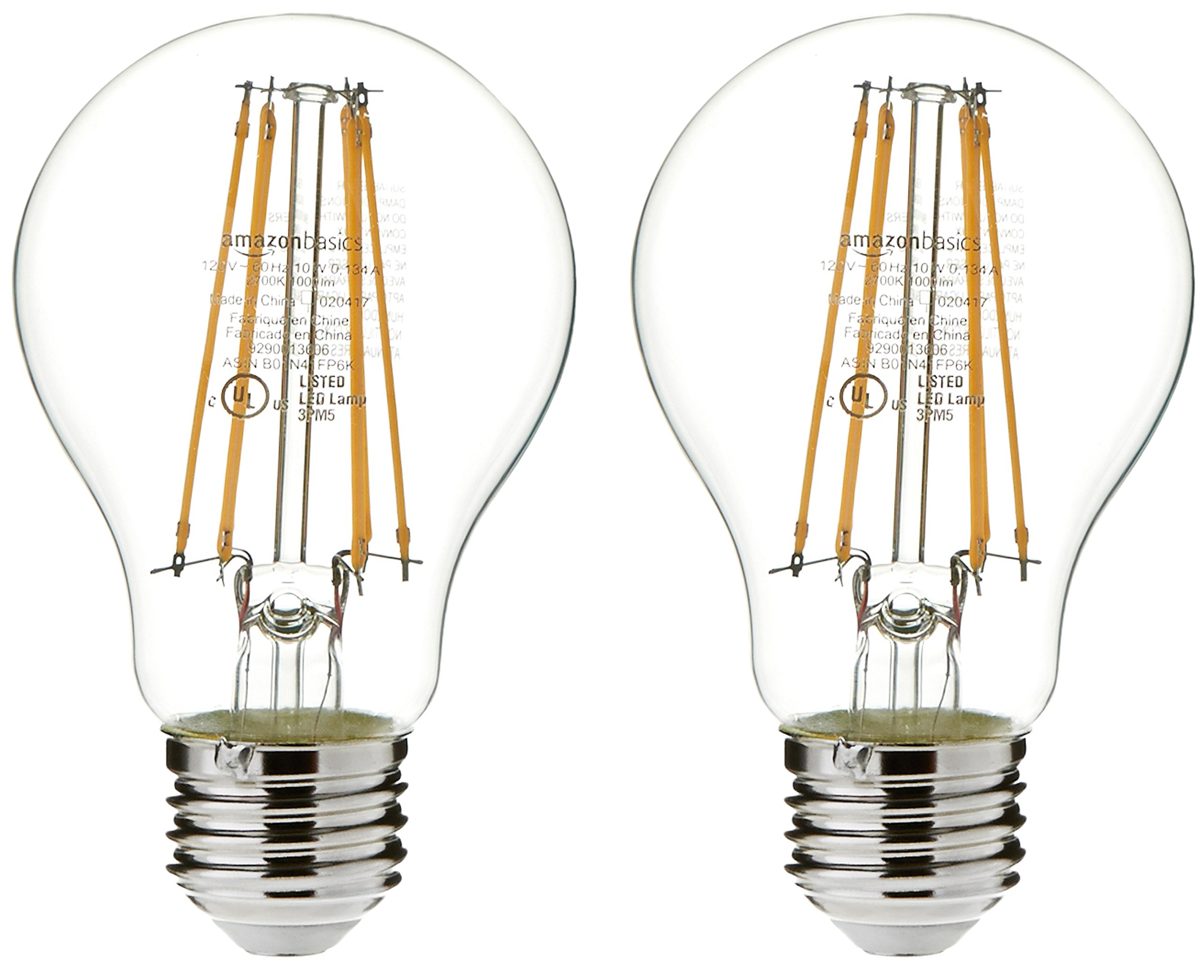 AmazonBasics 75 Watt Equivalent, Clear, Non-Dimmable, A19 LED Light Bulb | 2-Pack