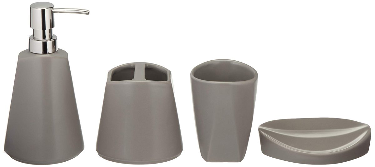 AmazonBasics 4-Piece Ceramic Bathroom Accessory Set - Grey