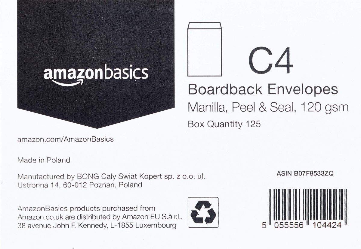 AmazonBasics C4 Peel&Seal Brown Boardback, Manilla,120 GSM, 125 Pack