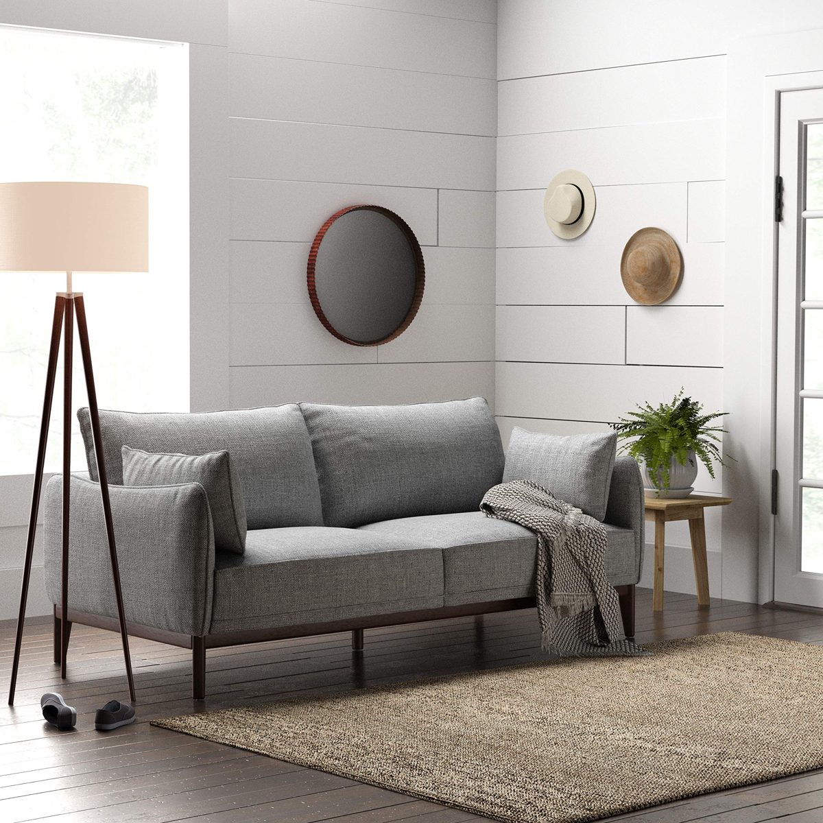 Amazon Brand – Stone & Beam Hillman Mid-Century Sofa Couch with Wood Base and Legs, 78"W, Fog Gray