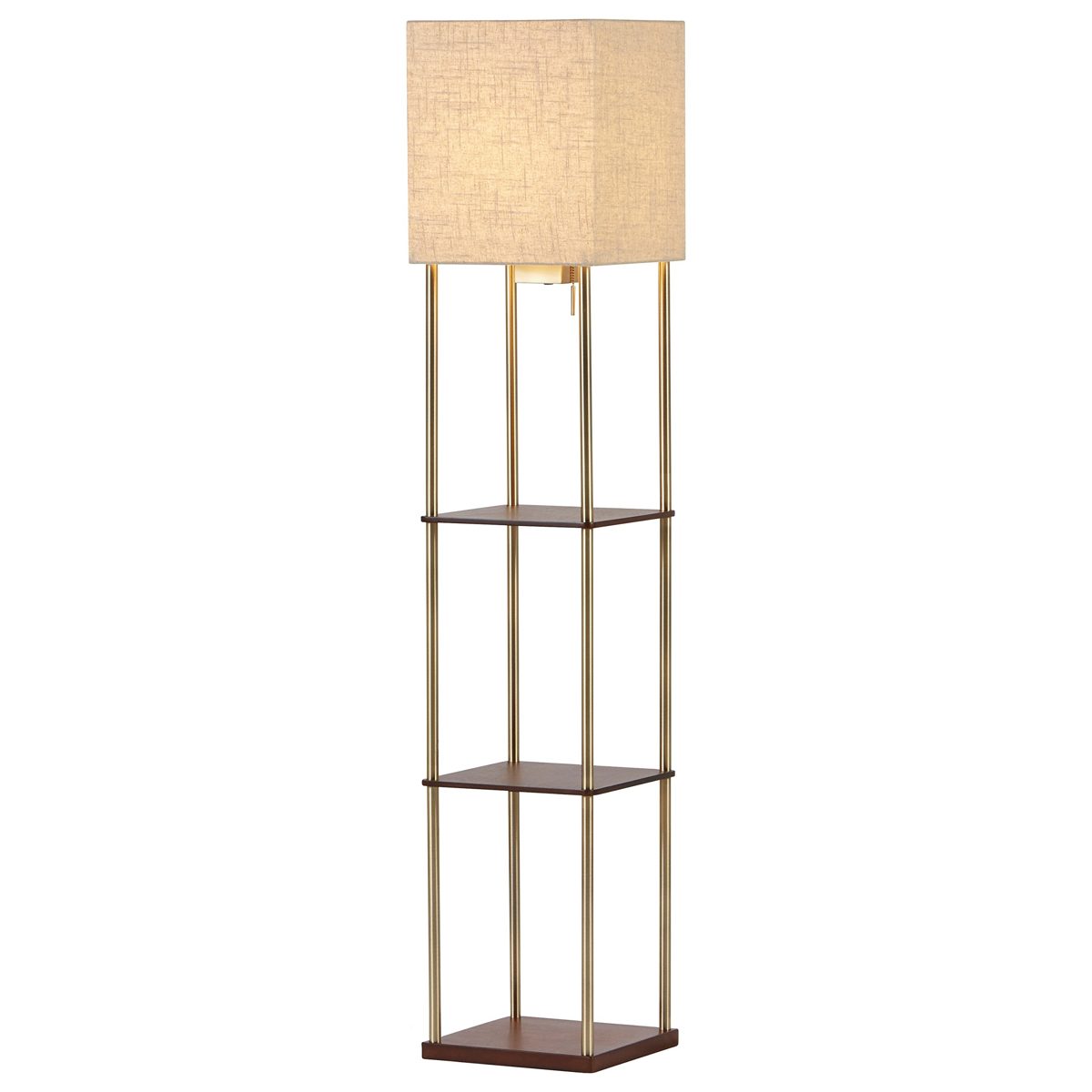 Rivet Olive 4 Wood Shelf Standing Floor Lamp With Light Bulb and USB Charging Station - 11.8 x 11.8 x 62 Inches, Brass
