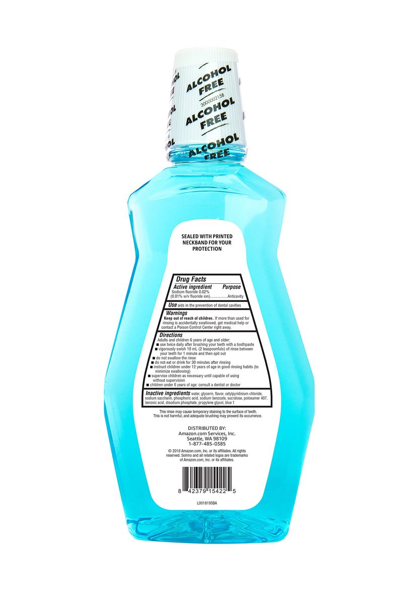 Amazon Brand - Solimo Anticavity Fluoride Mouthwash, Alcohol Free, Refreshing Mint, 1 Liter