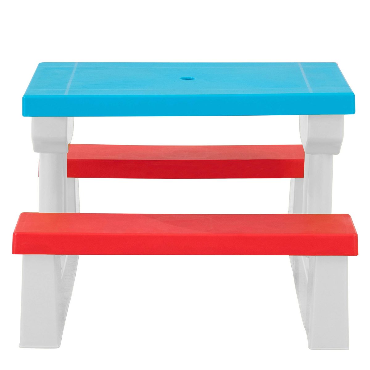 AmazonBasics Plastic Multicolored Kids Outdoor Table with Umbrella - Red/White/Blue (Renewed)