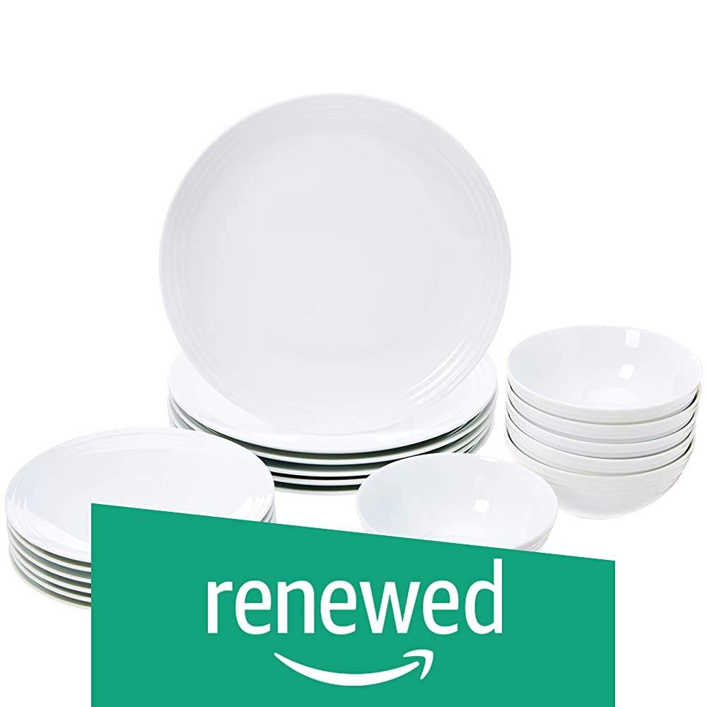 (Renewed) AmazonBasics 18-Piece Dinnerware Set - White Embossed Porcelain
