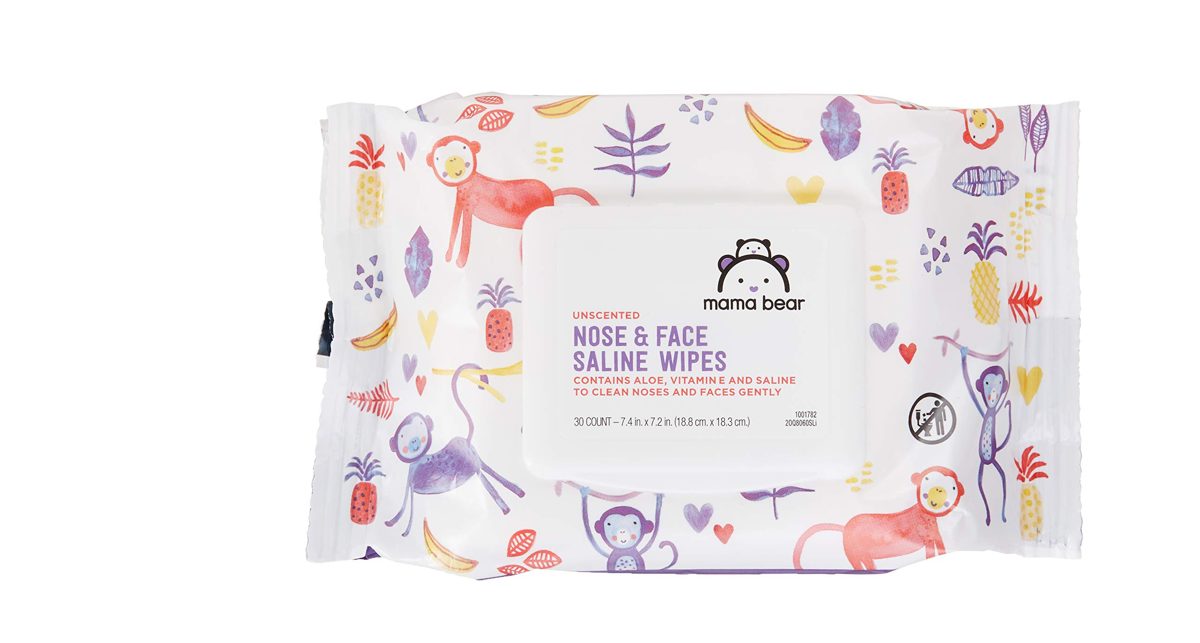 Amazon Brand - Mama Bear Saline Nose and Face Baby Wipes, Hypoallergenic, Unscented, 180 Count (6 Packs of 30 Wipes)