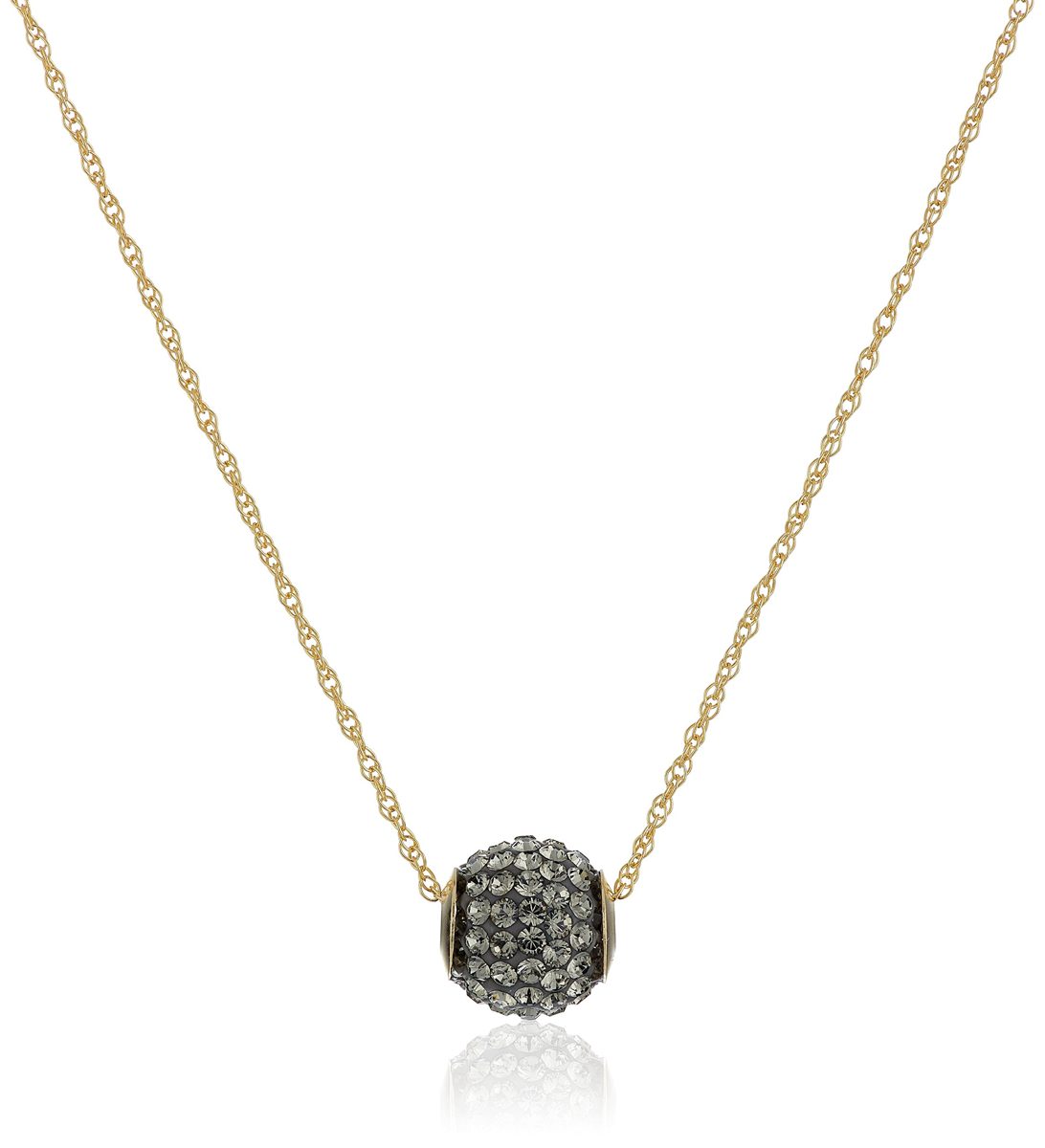 10K Yellow Gold Black Swarovski Crystals Slide Ball Pendant Necklace with Gold Filled Chain, 18"