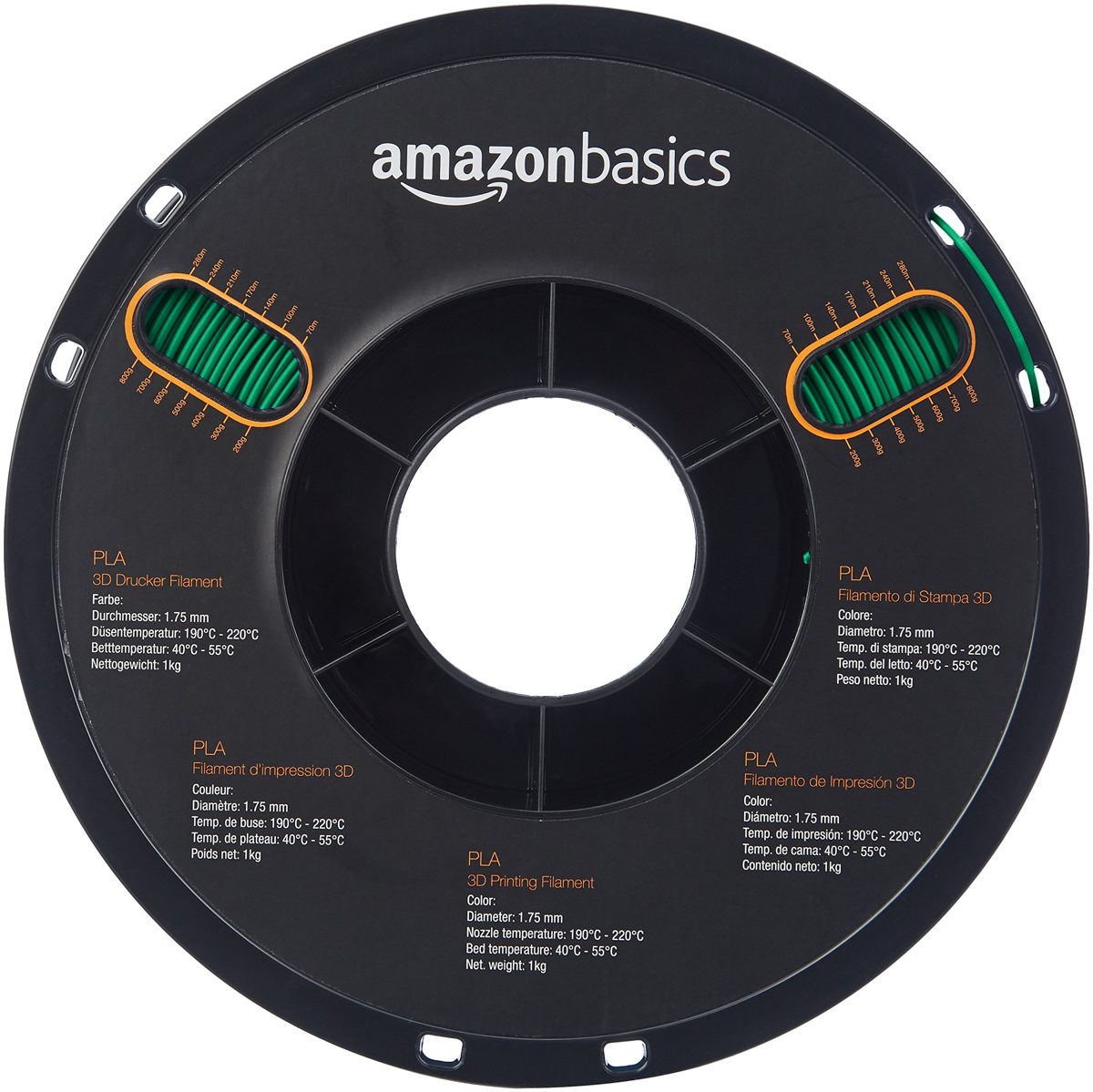 AmazonBasics PLA 3D Printer Filament, 1.75mm, Green, 1 kg Spool