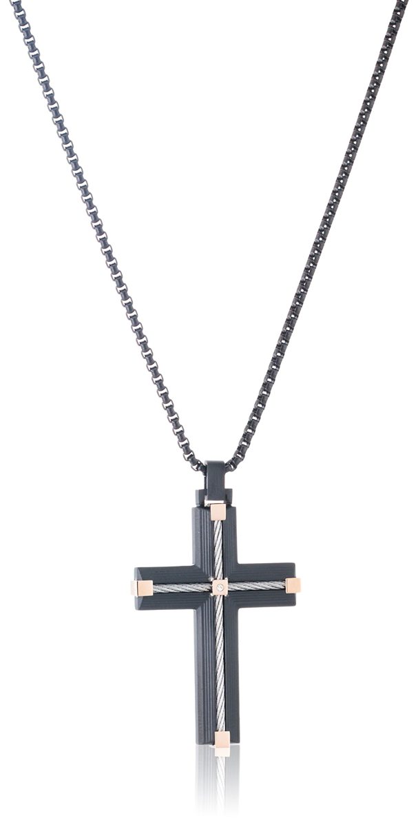 Men's Stainless Steel Cross with Carbon Fiber and Box Chain Pendant Necklace, 24"