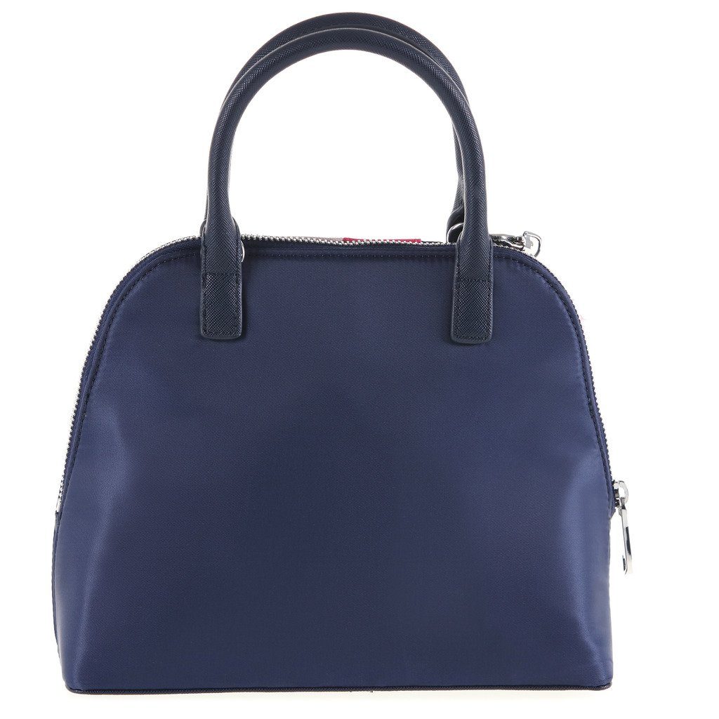 The Lovely Tote Co. Women's Contrast-Stripe Nylon Top Handle Bowler with Faux-Fur Pom Charm,