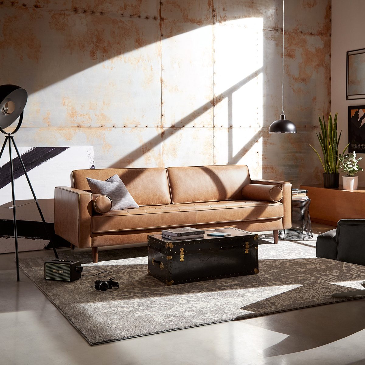 Amazon Brand – Rivet Aiden Tufted Mid-Century Modern Leather Bench Seat Sofa, 86.6" W, Cognac