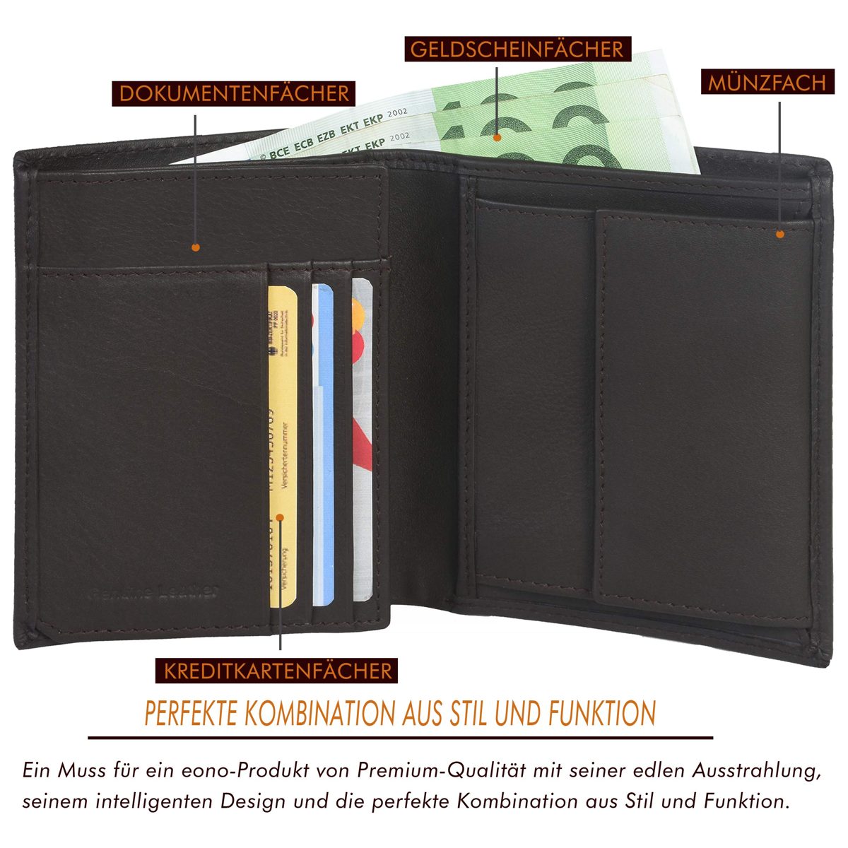Eono by Amazon Leather Wallet for Men and Women - Flat Design with RFID Reading Protection Function.